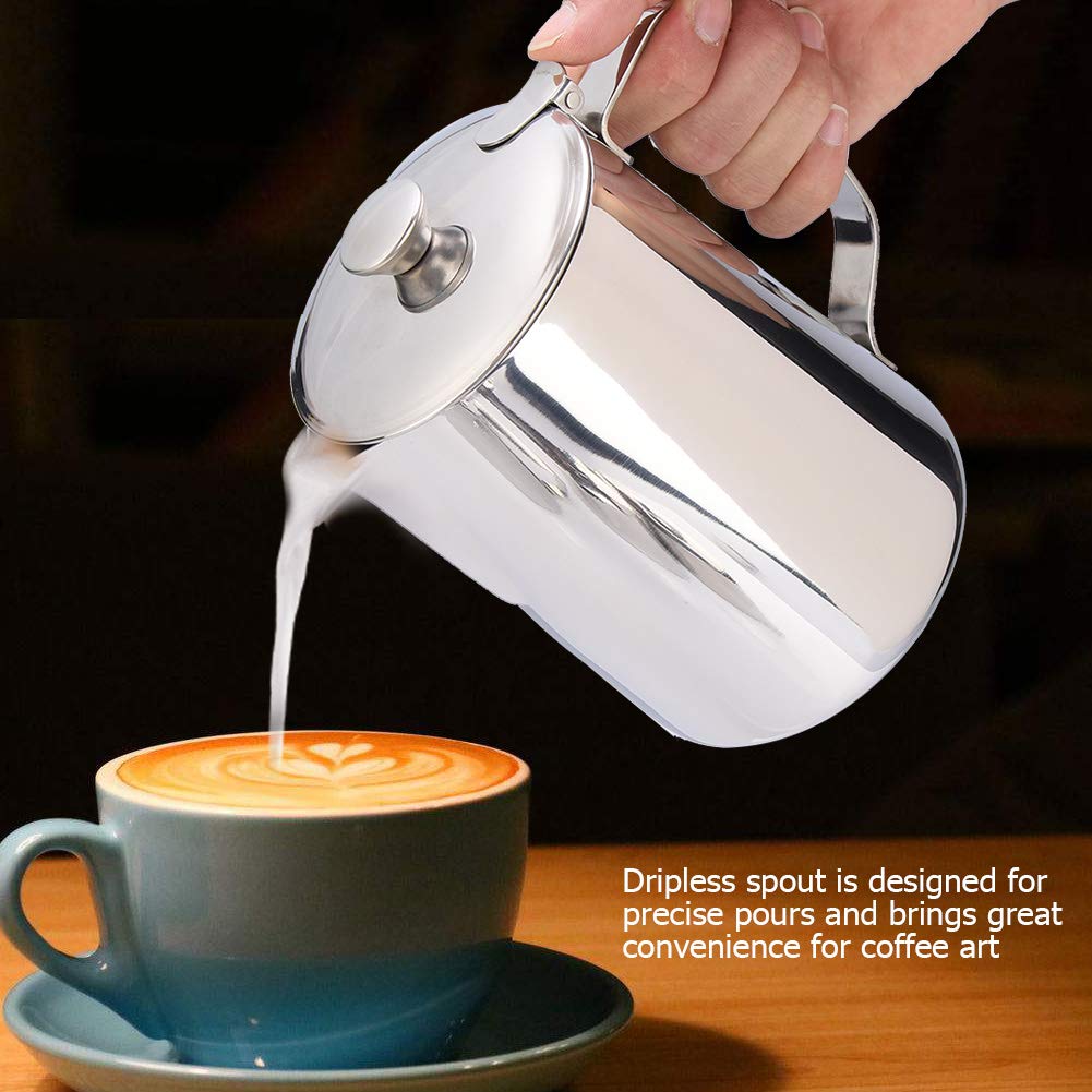 MAGT Pichet à Lait, 2000 ml Mousseur à Lait En Acier Inoxydable avec Couvercle, Bec Verseur Sans Gouttes, Poignée Ergonomique, Pour Latte Café Art