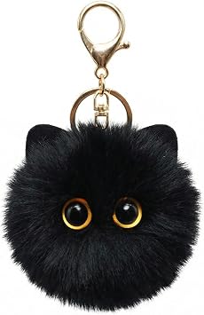 Cute Black Cat Plush Keychain - Kawaii Bag Charm, Soft Cat Pom Pom Keychain for Backpack Purse Keys, Birthday Gift for Women Girls Cat Lovers