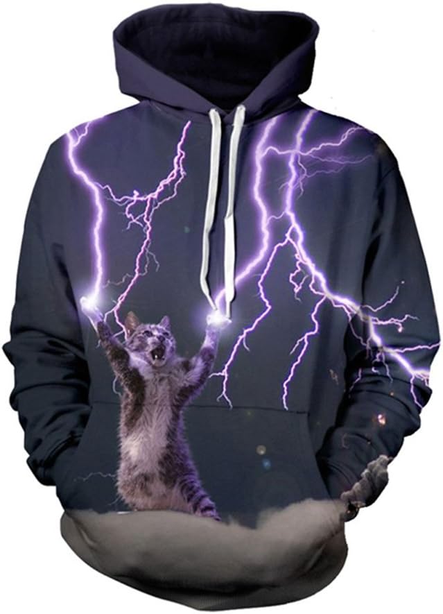 Purple Galaxy Hoodies sweatshirt Lightning Cat Print 3d pullover For Men (XL)