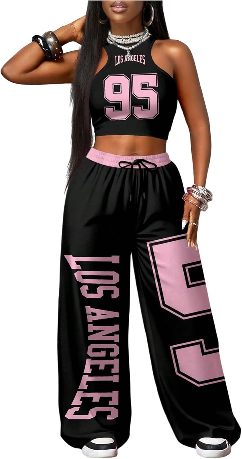 GORGLITTER Women's 2 Piece Set Y2K Jersey Graphic Crop Tank Top and Wide Leg Sweatpants Set Tracksuit Streetwear Rave Outfits