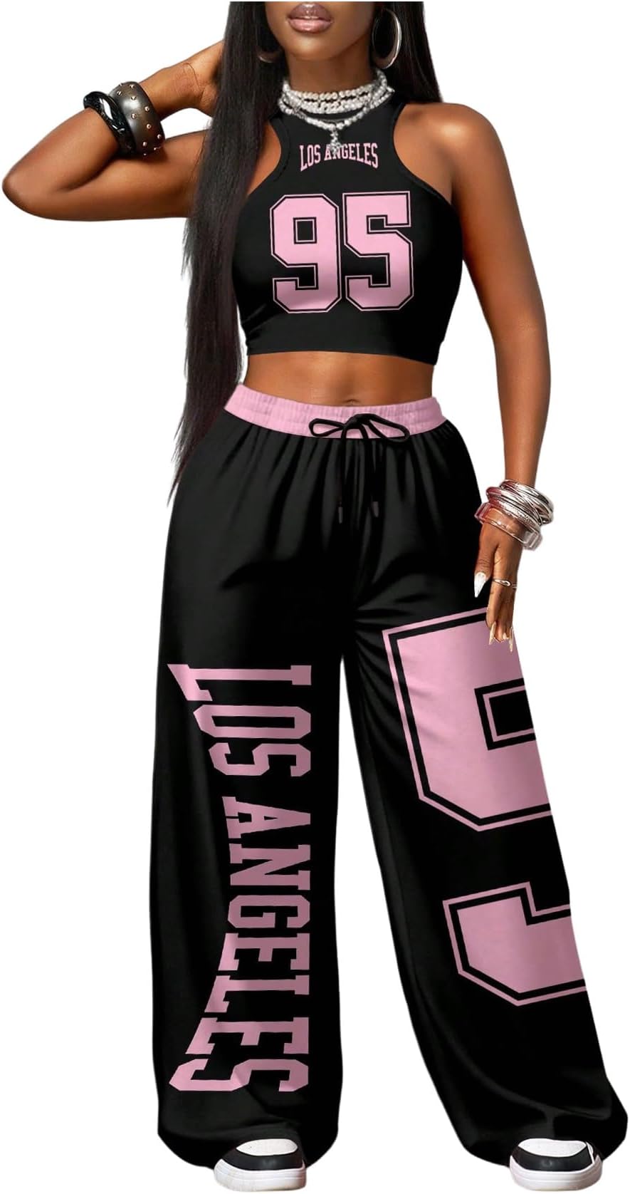 Women's 2 Piece Outfits Jersey Letter Graphic Crop Tank Top and Drawstring Baggy Pants Sets