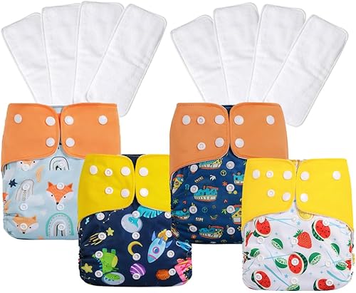 AIO Pañal de tela para bebé, paquete de 4 con 8 inserciones, circunferencia de cintura ajustable, reutilizable para bebés niños y niñas (0 a 3