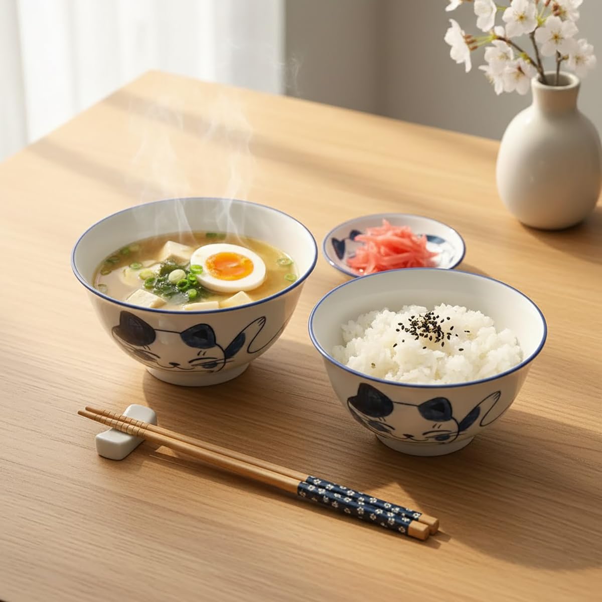 Japoński serwis obiadowy dla kotów z różnymi miskami, talerzami i pałeczkami | ręcznie malowany ze słodką dekoracją kota | 6-częściowy | zestaw do sushi