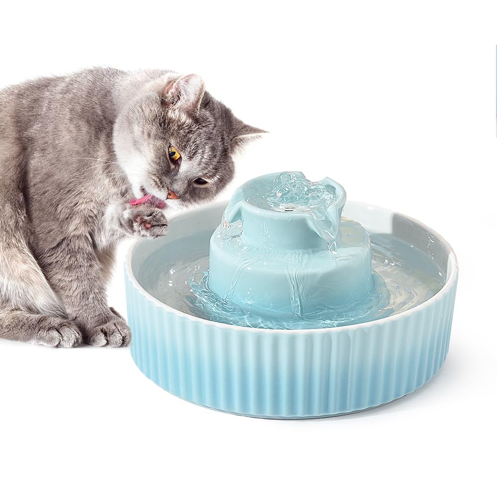Fontana per gatti in ceramica, 2,1 l, silenziosa, con filtro a carbone attivo in cotone, per bere più animali domestici (sfumatura verde)