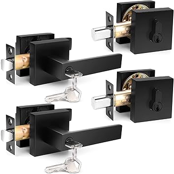 Probrico Square Entry Levers and Single Cylinder Deadbolts Combo Pack, Flat Black Keyed Alike Heavy Duty Keyed Entry Handles Locksets Reversible for Right and Left Side, 2 PackAll Same Keys