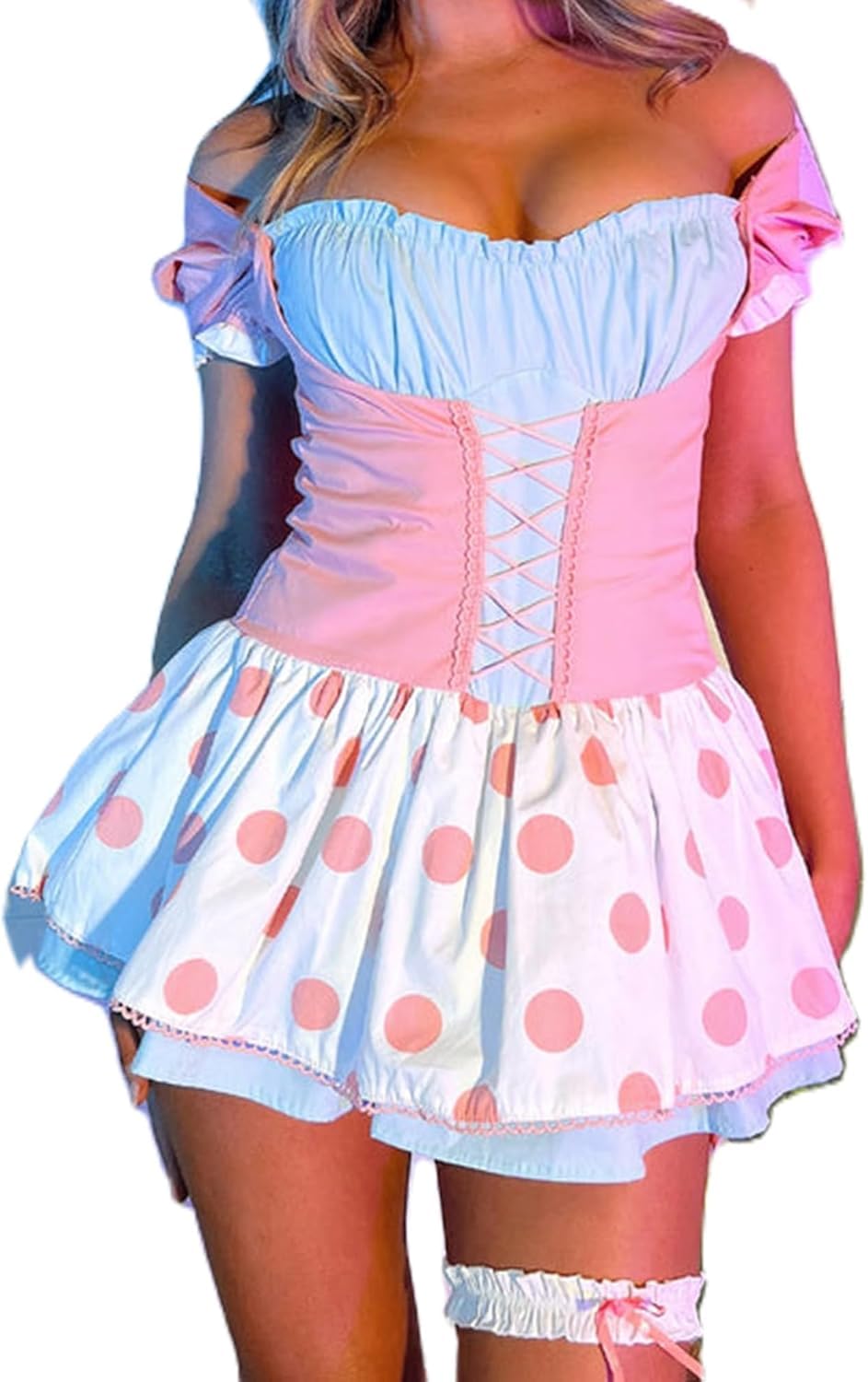 Fiacafyo Women's Bo Peep Halloween Costume Outfits Sweet Ruffle Short Sleeve Polka Dot Off Shoulder Mini Dress Party Cosplay (A-Pink, XXL)