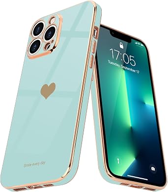Teageo for iPhone 13 Pro Max Case for Girl Women Cute Love-Heart,Pearl Aqua