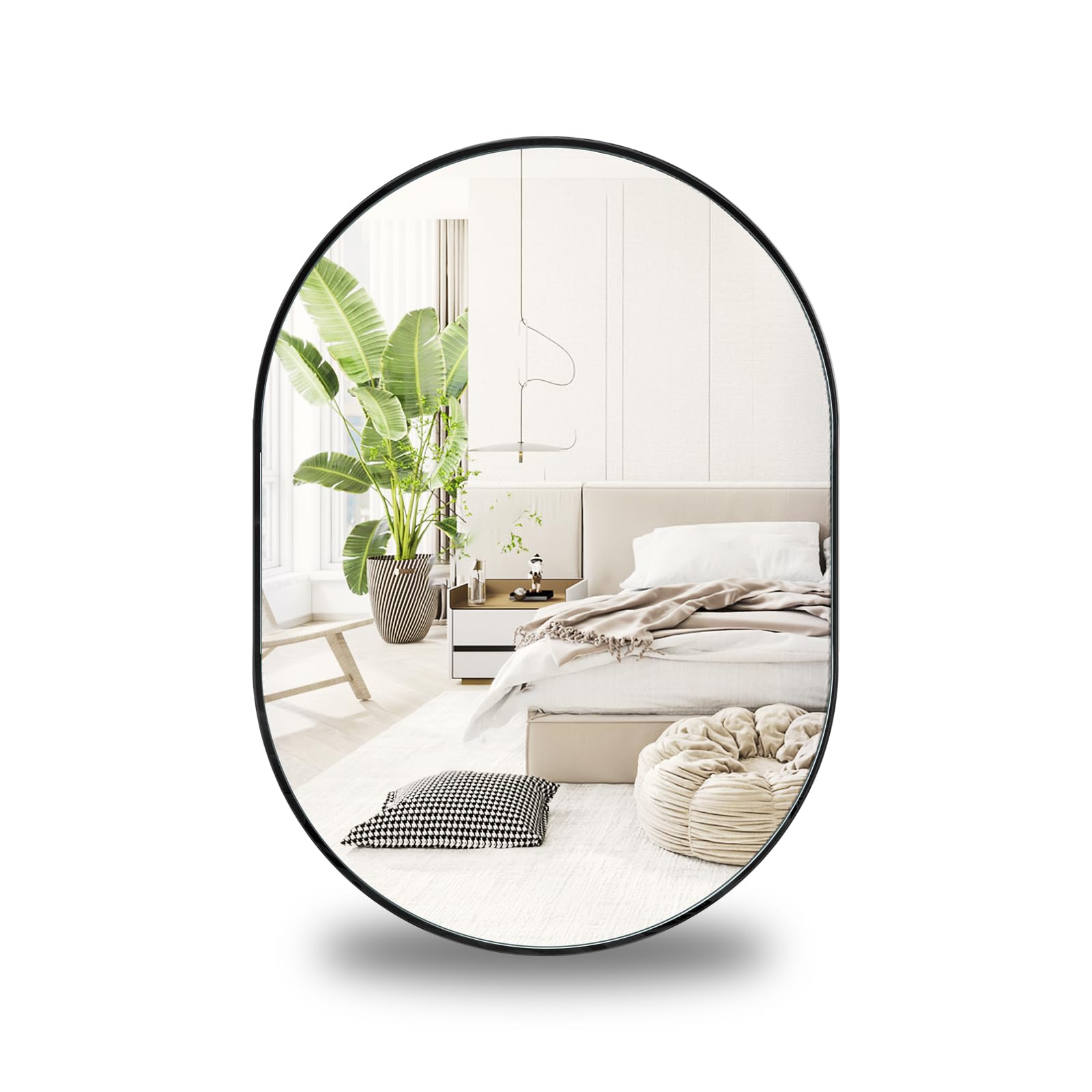 Moziel Espejo Ovalado Pared Decorativo, con Marco Aluminio, Espero Redondo Pared para Baño Salón Entrada Recibidor y Pasillo, 50x70 cm, Negro