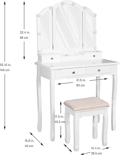 Miniatura 2 de Caroeas Vanity, tocador de maquillaje triple plegable con espejo, luces y taburete acolchado de tocador, juego de tocador de madera maciza, 4