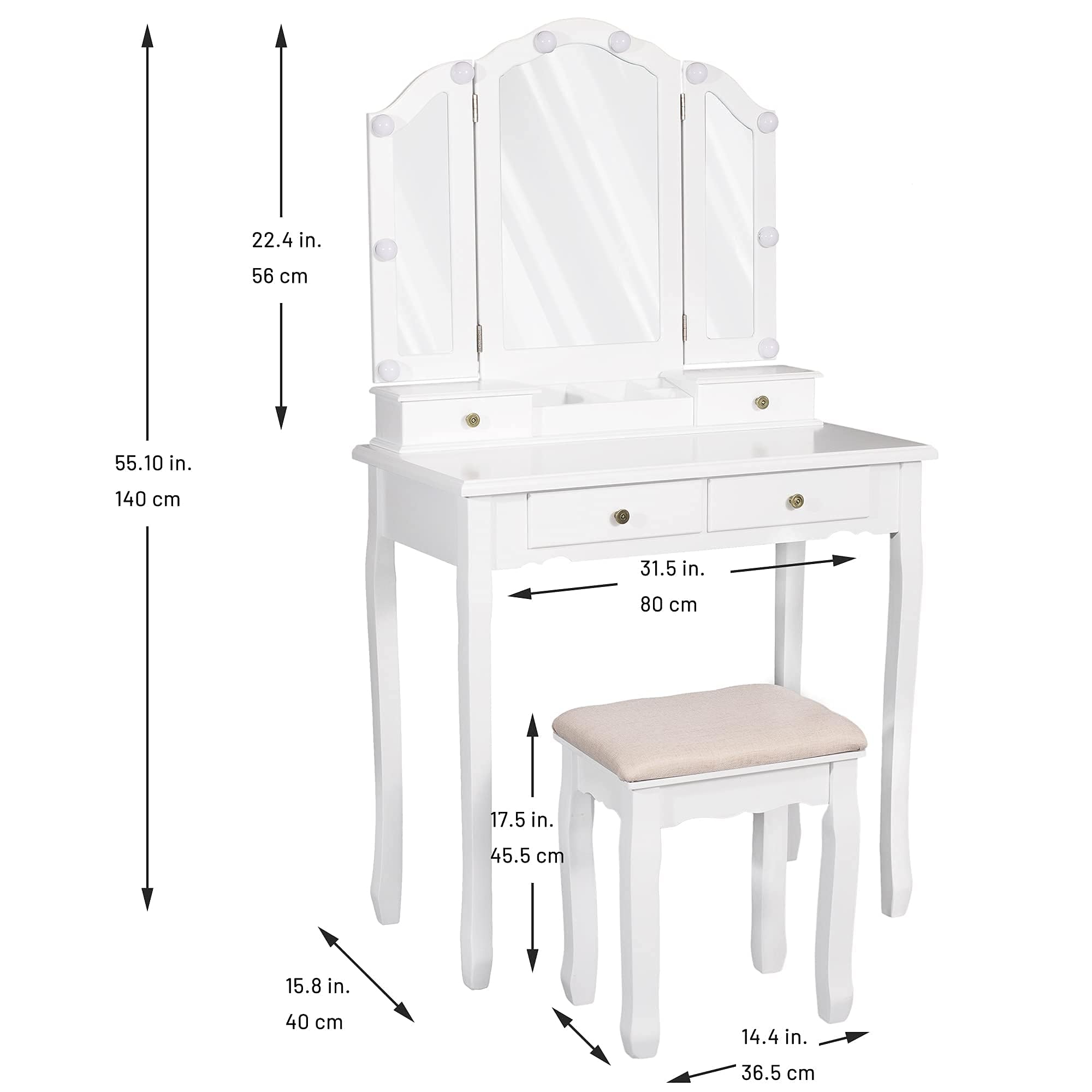 Caroeas Vanity, Tri-Fold Makeup Vanity with Mirror, Lights and Padded Vanity Stool, Solid Wooden Vanity Set, 4 Drawers, 2 Brush Slots and 2 Open Compartments, White Vanity Table