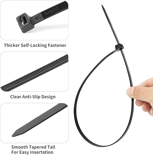 Miniatura 4 de XINGO Bridas grandes negras de 16 pulgadas, resistentes, 100 unidades, 200 libras, bridas de plástico ultra fuertes, bridas grandes extra largas,