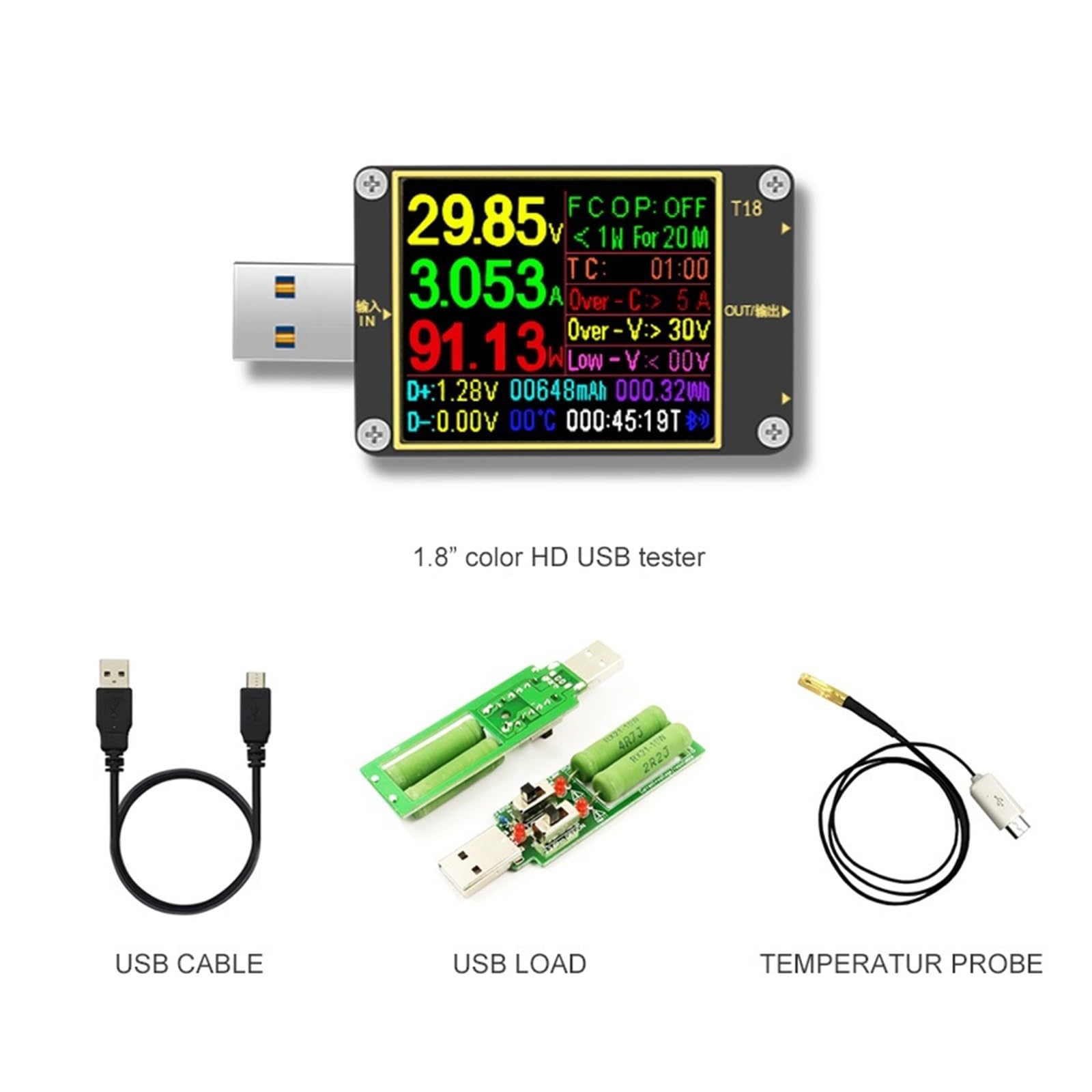 Tester USB 18 w 1 Tester USB T18 woltomierz cyfrowy amperomierz Voltimetro woltomierz prądu stałego lekarz 1.8 "PD QC3.0 detektor(Add NTC load cable)