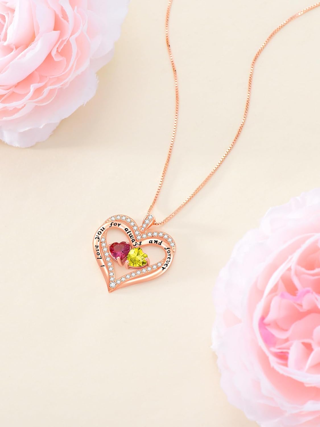 Heart Pendant Necklace I Love You for Always and Forever 12 Months Birthstone Necklace 18k Rose Gold Plated Double Heart Necklace Christams Valentine's Day, Mother's Day, Birthday - Image 4