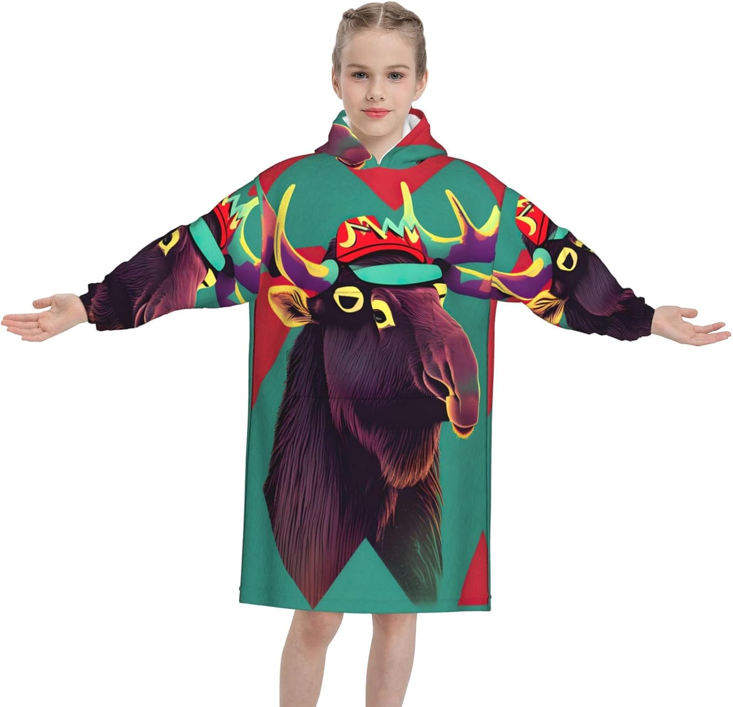 Moose Print Oversized Blanket Hoodie, Wearable Blanket Hooded,Hooded Pullover With Pocket