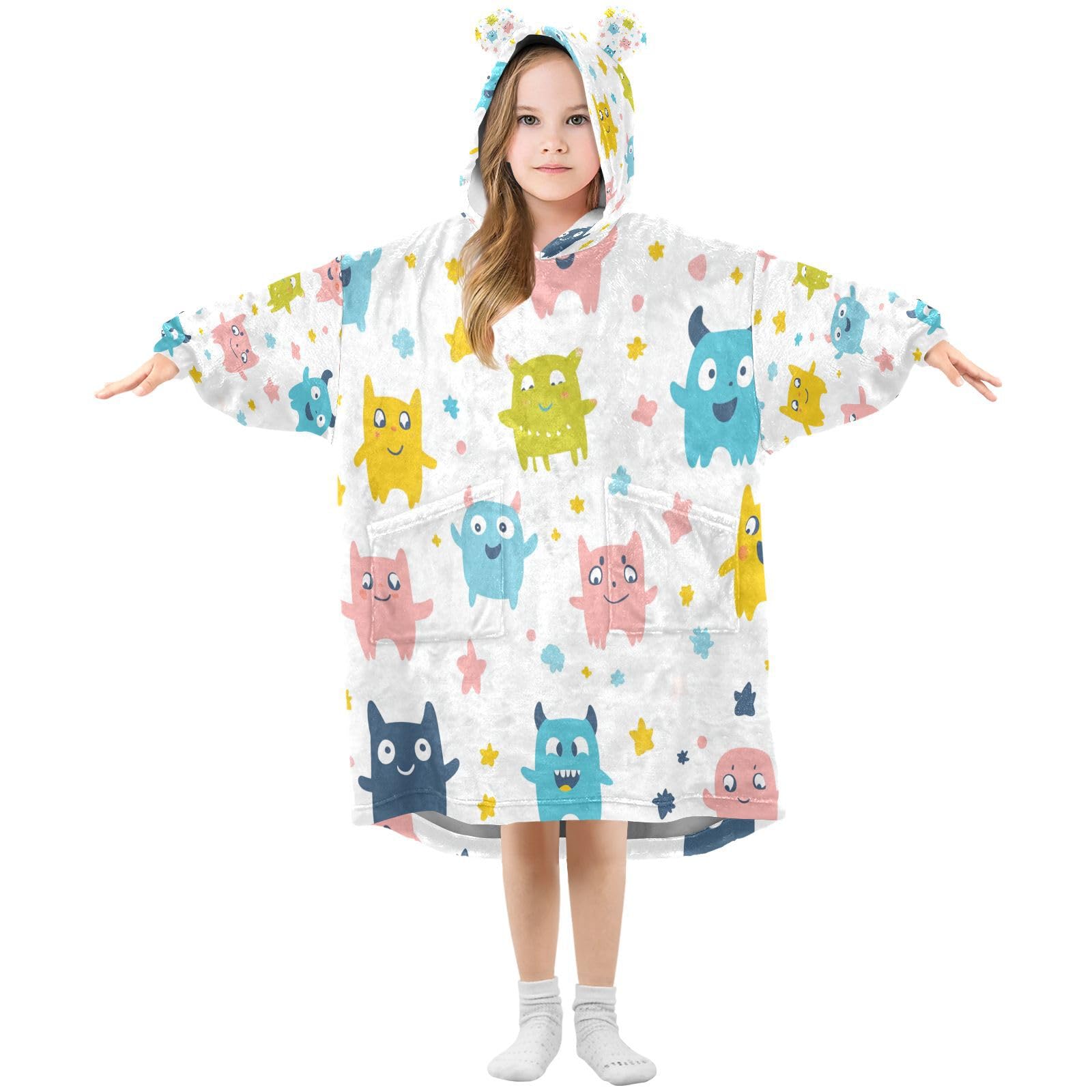 Ewusp Cute Monster Wearable Blanket Hoodie for Kids Oversized Hooded Sweatshirt Flannel Blanket with Pocket