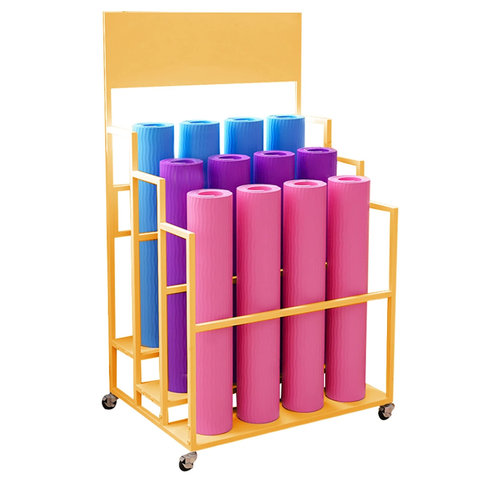 Duży 3-poziomowy stojak do przechowywania sprzętu treningowego mata do jogi organizator ćwiczeń na kółkach w domu lub siłowni wałek piankowy fitness stylowy design w