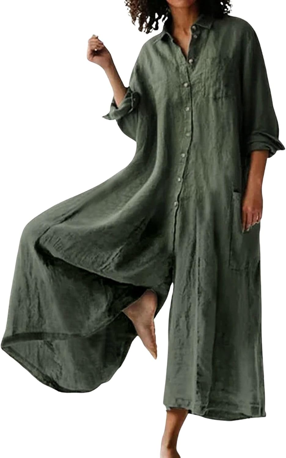 CHARTOU Women Linen Button Down Long Sleeve Wide Leg Jumpsuit Beach Palazzo Pants One Piece Jumpsuit