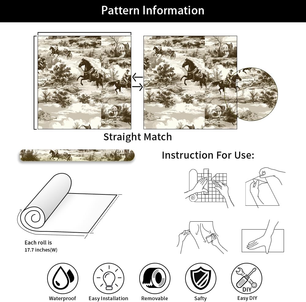 18"x236" Brown White Cowboy Wild Western Peel and Stick Self Adhesive Wallpaper Removable Contact Paper Stick on Easy Peel Off Wall Paper for Kitchen Bedroom Bathroom Renter