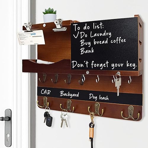 Soporte para llaves y correo de granja para decoración de pared, organizador rústico de correo y llaves para pared con diferentes ganchos, pizarra,