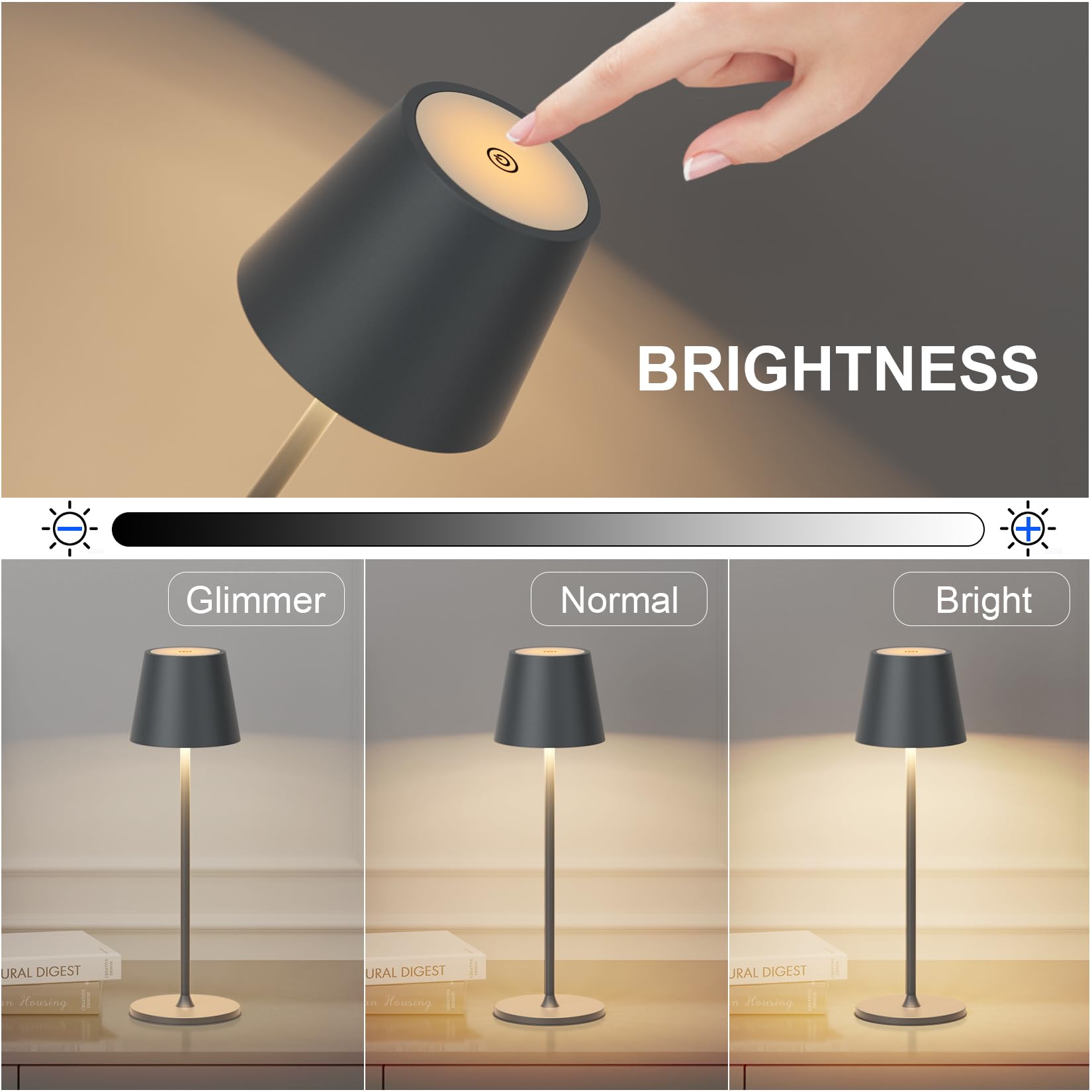 LED sans fil Lampe de table rechargeable, 3000K lampe bouteille à intensité variable, 5000mAh IP54 lampe de table réglable en hauteur pour une utilisation intérieure et extérieure, Anthracite