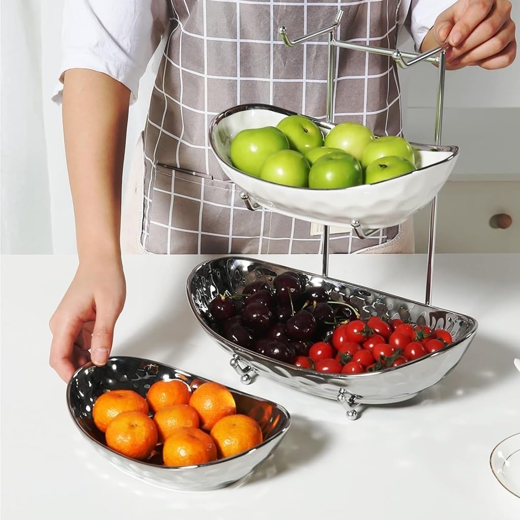 Fruttiera 3 Ripiani In Ceramica E Legno - Portafrutta Elegante Per Casa - Foto 2