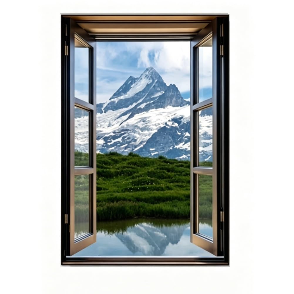 GZHERVICES Faux Window Mountain View Wall Art, Fake Window Frame View Of Sunlight Over The Hill Landscape，3D Realistic Scenic Landscape Canvas Print For Living Room Bedroom Home Decor(D,90x130 cm)