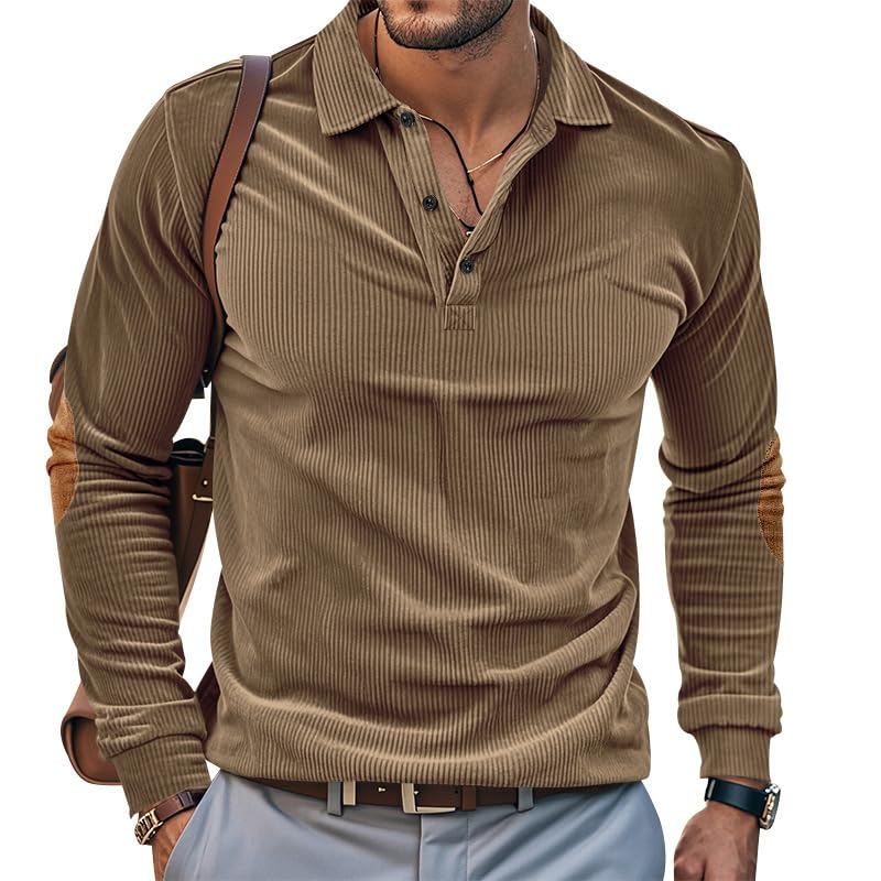 Men's Long Sleeve Sweatshirt Corduroy Spread Collar Elbow Panel Button Up Ribbed Pullover for Men2