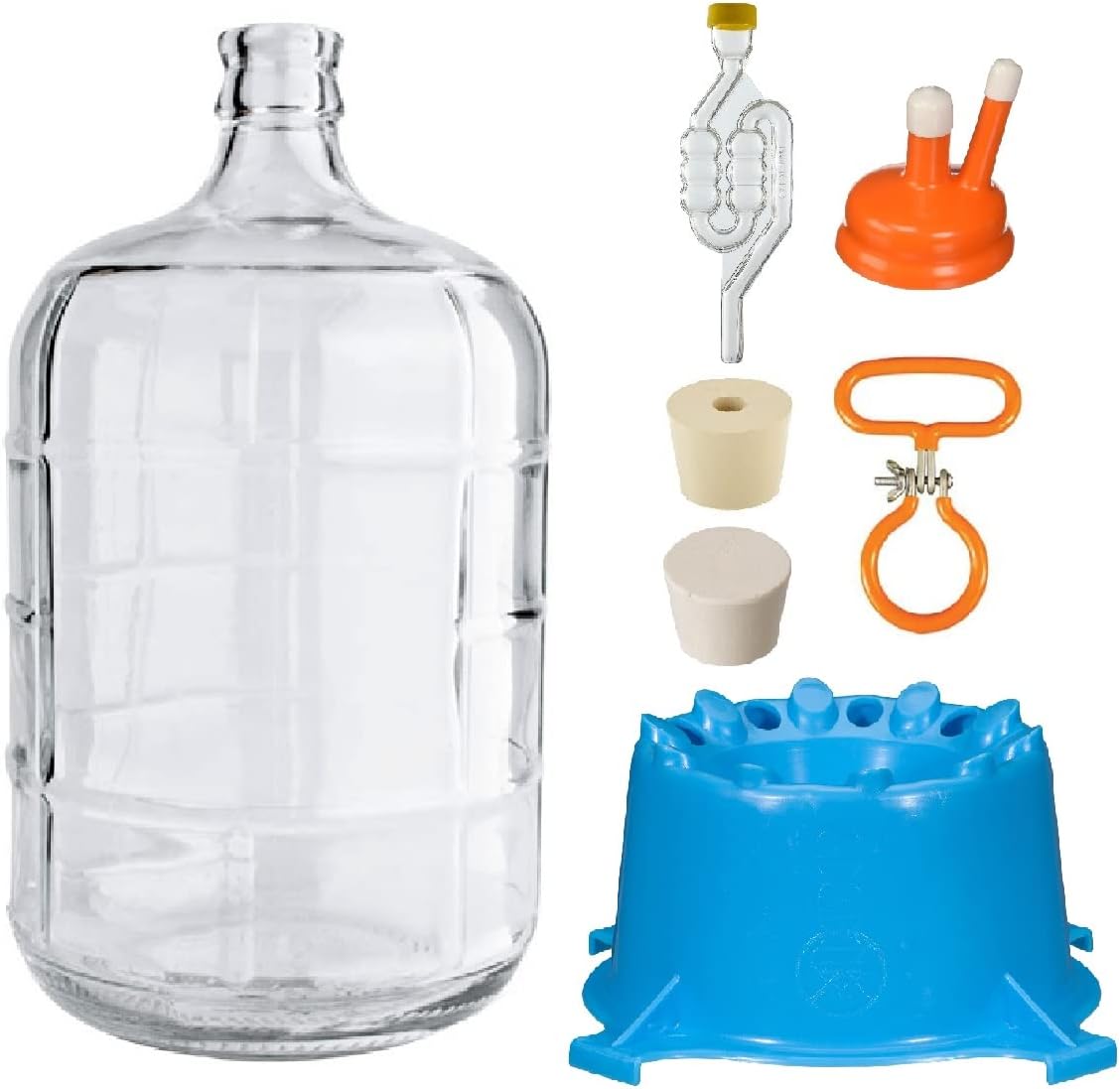 North Mountain Supply 3 Gallon Premium Italian Glass Carboy Fermenting Jug - with Drilled & Undrilled Rubber Stoppers, 6-Bubble Airlock, Carboy Dryer, Handle and Cap