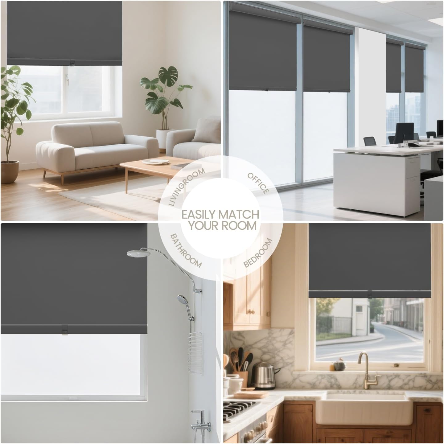 SCHRLING Cordless Roller Shades for Windows, Free-Stop Light Filtering Window Shades with Valance UV Protection Thermal Insulated Fabric Blinds for Home, Office, Grey, 27" W x 60" L