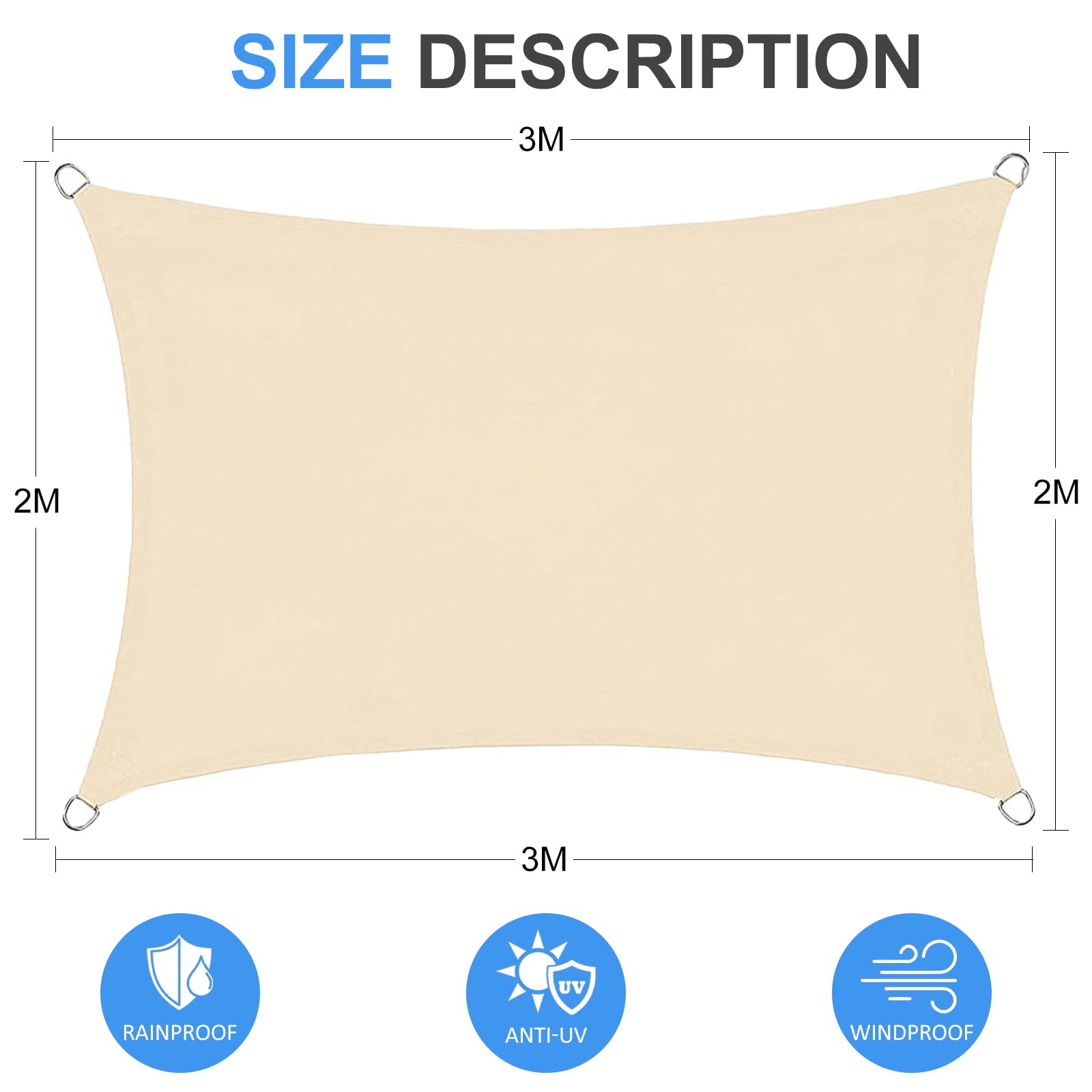 Vela Ombreggiante Impermeabile 2x3m, 95% Protezione UV Tenda da Sole per Esterno, Tenda Parasole Rettangolare per Giardino, Balcone, Piscina, Tenda a Vela Beige