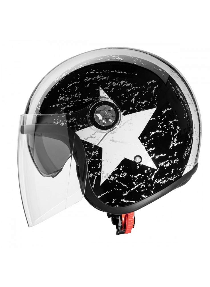 CRUIZER - Casque homologué noir brillant pour scooter moto demi-jet avec motif étoile, double visière, intérieur antibactérien et hypoallergénique (XL)