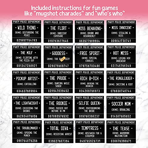 40 Unique Crimes On 20 Bachelorette Party Mugshot Signs! Game And Activity Instructions Included! These Photobooth Props Are Also A Great Idea For Birthdays, Girls Night Out, Stagettes And Nye! #TOP4