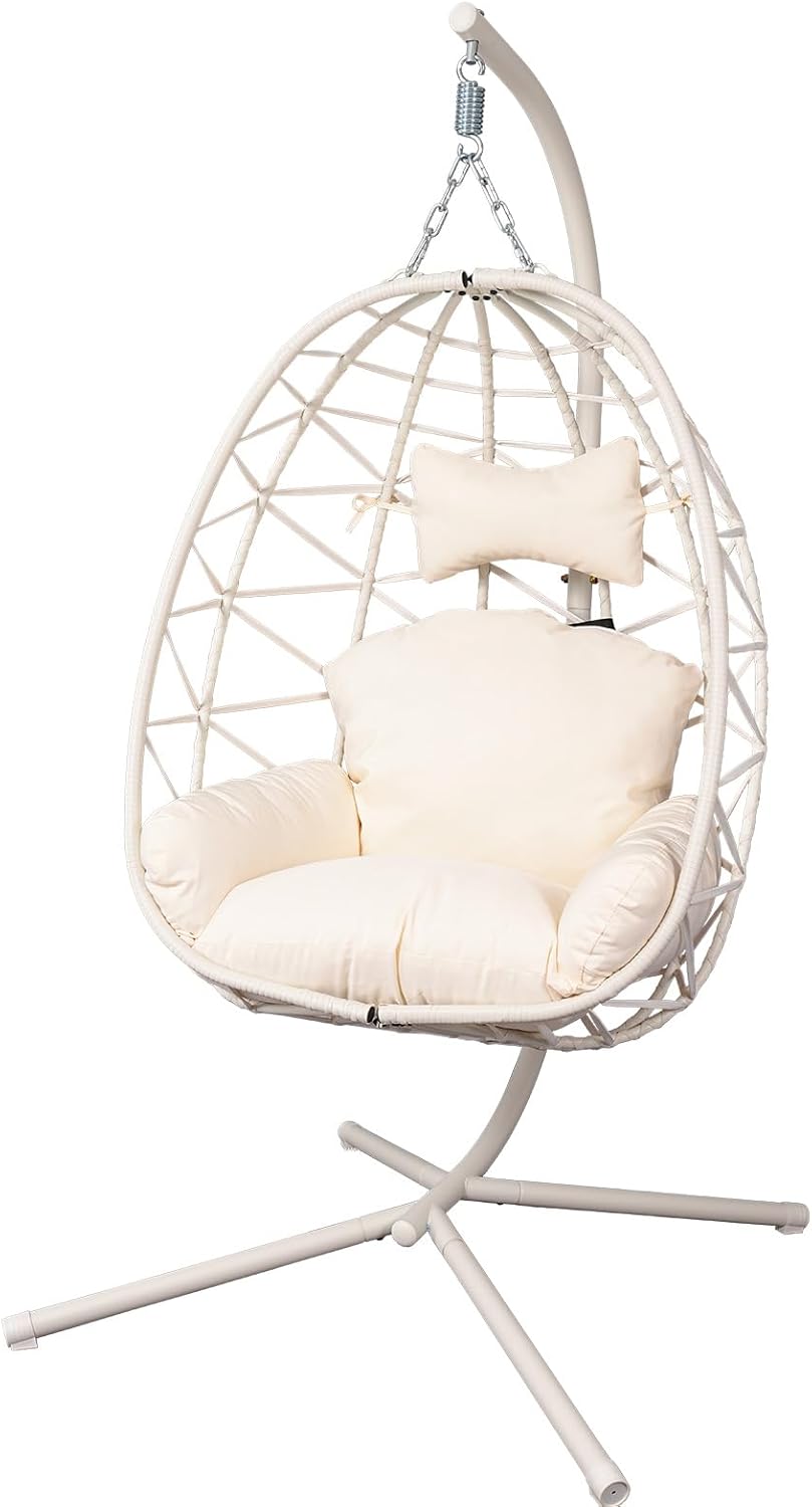 Egg-Shaped Hammock Chair, Swing Egg Chair, Wicker Hanging Chair with Removable Washable Cushion - Sturdy Metal Stand, Breathable Woven Design 350lbs Capacity for Indoor Outdoor Patio Living Room Etc