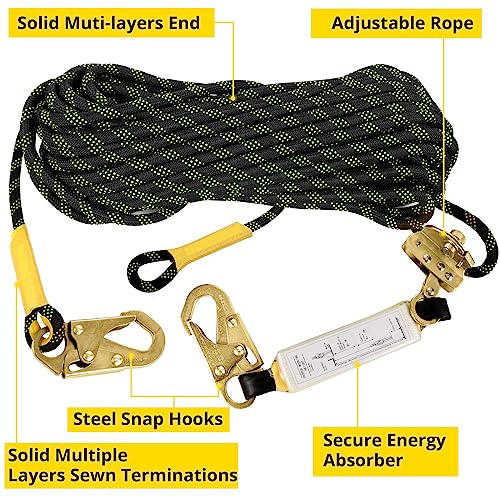 trsmima rope harness safety lanyard150ft vertical roofing rope with grab snap hooks shock absorber - fall protection tree climbing line kit heavy duty roof safety equipment ansi ce