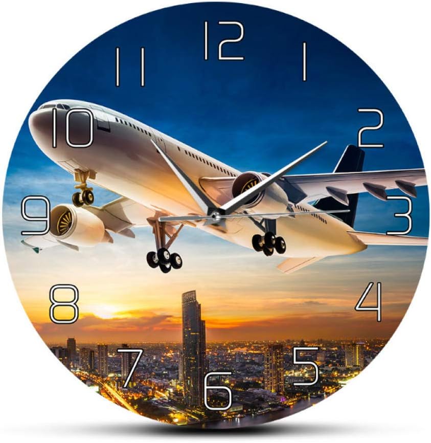 Djkaa Take Off Sunset Aeroplane Aviator Home Decor Wall Clock Air Jet Plane Flying Over City Skyline Aircraft Modern Silent Wall Clock 30 * 30cm