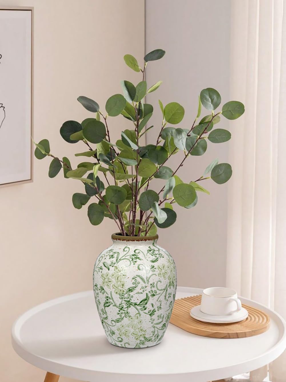 8.2 inch Green and Beige Vintage Ceramic Vase, Chinoiserie Floral Vase, Farmhouse Rustic Ceramic Retro Large Vases for Home Table Bookshelf Kitchen Living Room Office Balcony Christmas