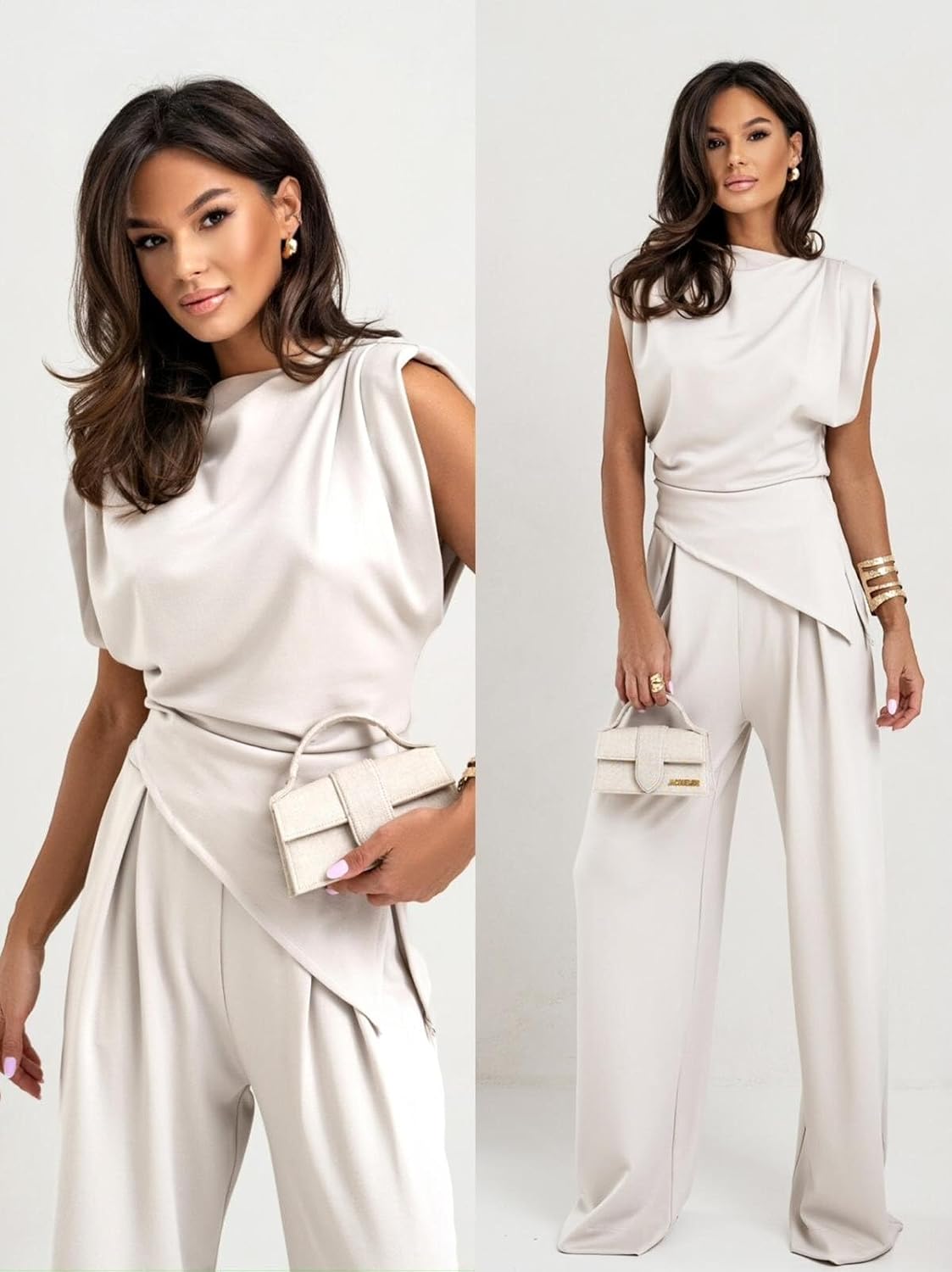 Women's Round Neck Pleated Sleeveless Casual Suit Solid Color Irregular Top Wide Leg Pantsuit Business Sets 2 Piece Outfits