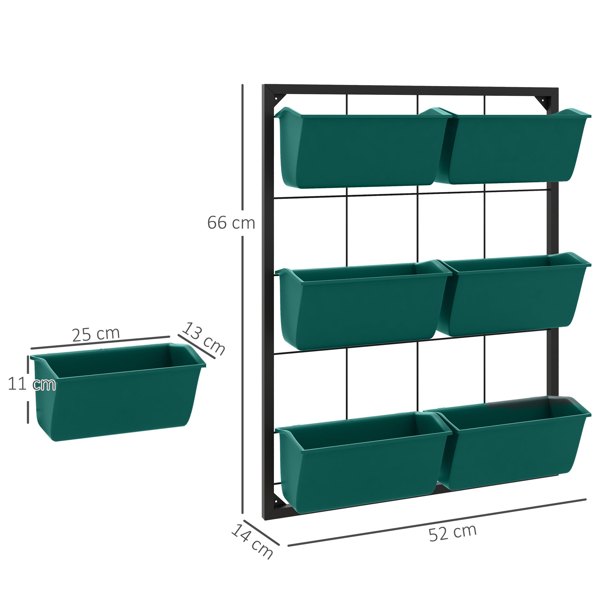 Outsunny Fioriera da Esterno Verticale 3 Livelli 52x14x66 cm Verde | 6 Vasi in Plastica con Fori di Drenaggio, Portavasi da Appendere per Fiori ed Erbe Aromatiche, Orto Verticale