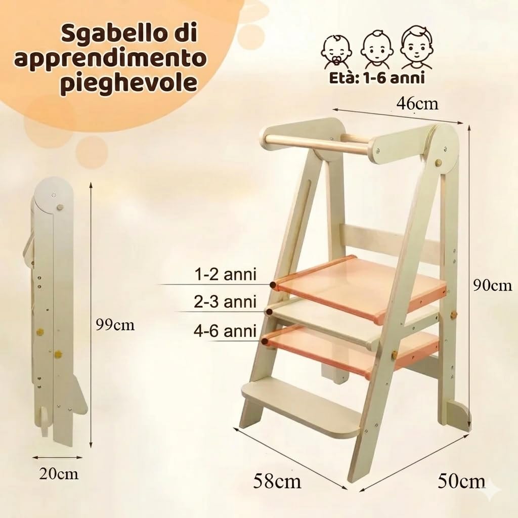 Torre di Apprendimento Pieghevole in Legno per Bambini stile Montessori