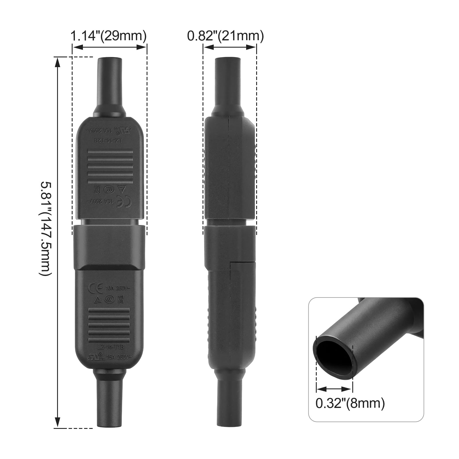 BAOMAIN Wechselstrom-Steckverbinder, 5 Sätze, C13-Buchse & C14-Stecker, UL-anerkannt, TUV-Zertifiziert, 15 A 250 V, LZ-14-T2B + LZ-14-T1B (5 SÄTZE)