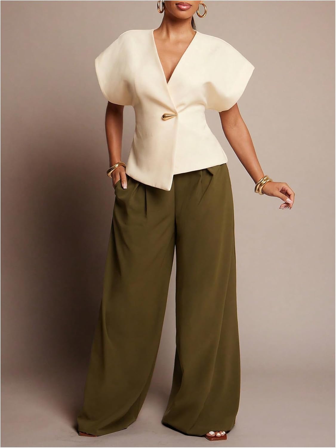 Milumia Women's V Neck Asymmetrical Blouse Short Sleeve Waistcoat Work Blouses