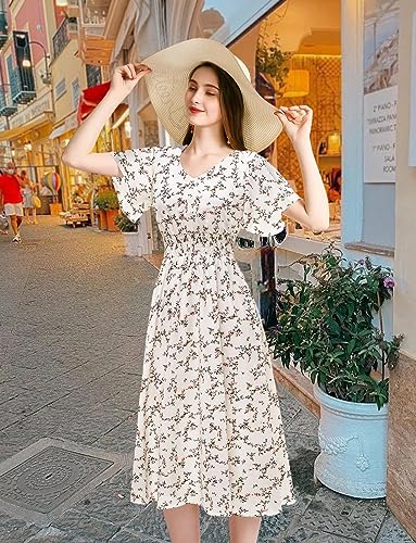 Image of Gardenwed Chiffon Floral Dresses Summer Midi Wedding Guest Dress V Neck for Women Elastic Waist