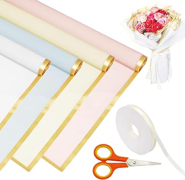 Flower Wrapping Paper, 40 Sheets Bouquet Wrapping Paper Ribbon and Scissors | Waterproof Floral Gift Wrap Paper with Gold Border Design, Suitable for DIY Flower Arrangements and Gift Wrapping