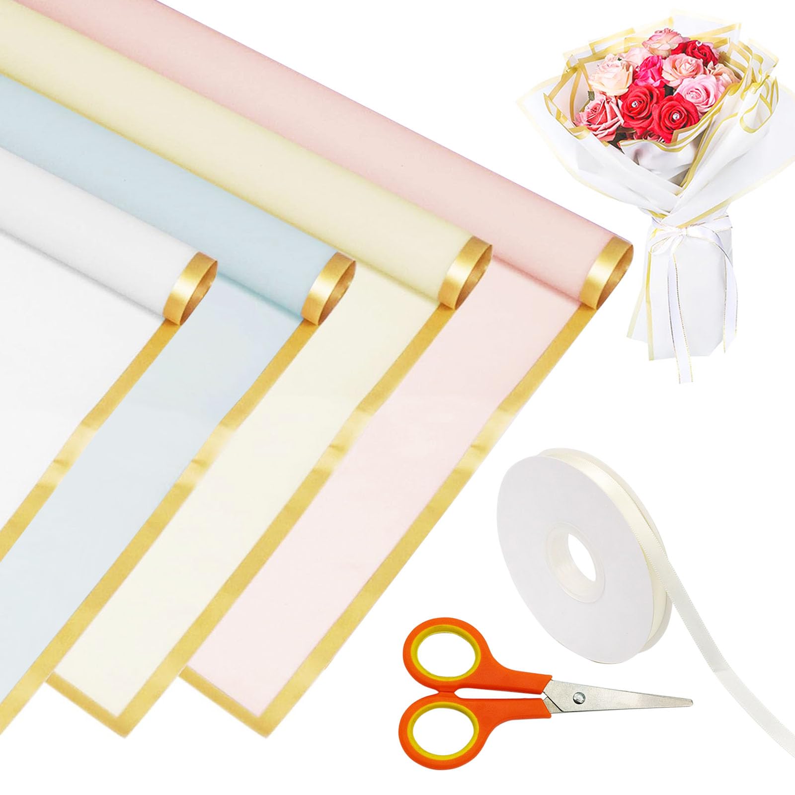 Flower Wrapping Paper, 40 Sheets Bouquet Wrapping Paper with Gold Border Design, Includes Ribbon and Scissors, Waterproof Floral Gift Wrap Paper, Suitable for DIY Flower Arrangements and Gift Wrapping