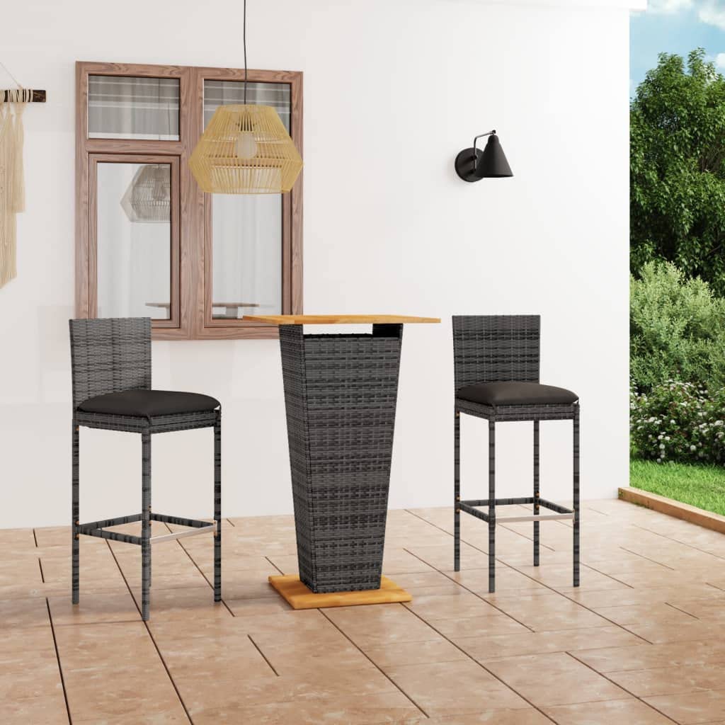 vidaXL Ensemble de Bar de Jardin 3 pcs et Coussins Résine tressée Gris
