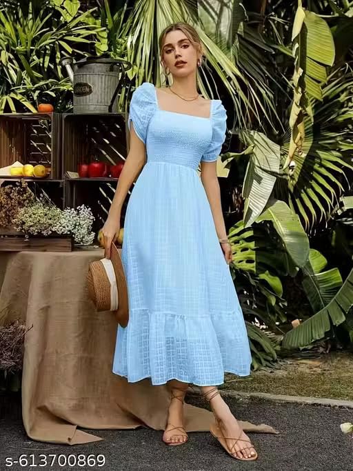 Image of Shreyam Girl's & Women's Solid A-Line Ruched Puff Sleeve Maxi Long Evening One Piece Long Dress for Women Stylish