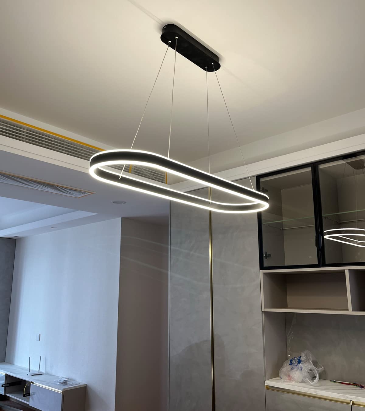 Ściemniane owalne LED żyrandol wiszące światło nowoczesne jadalnia stół biuro lampy z pilotem Pierścień wiszące lampy wysokość regulowana Glare wolne pokój studium kuchnia Oprawa (Czarny, L120cm)