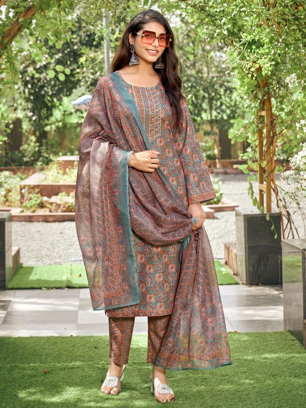 Nainvish Women's Viscose Rayon Printed Straight Round Neck Kurta Pant With Dupatta (Sd706_Kbd-M_Brown)