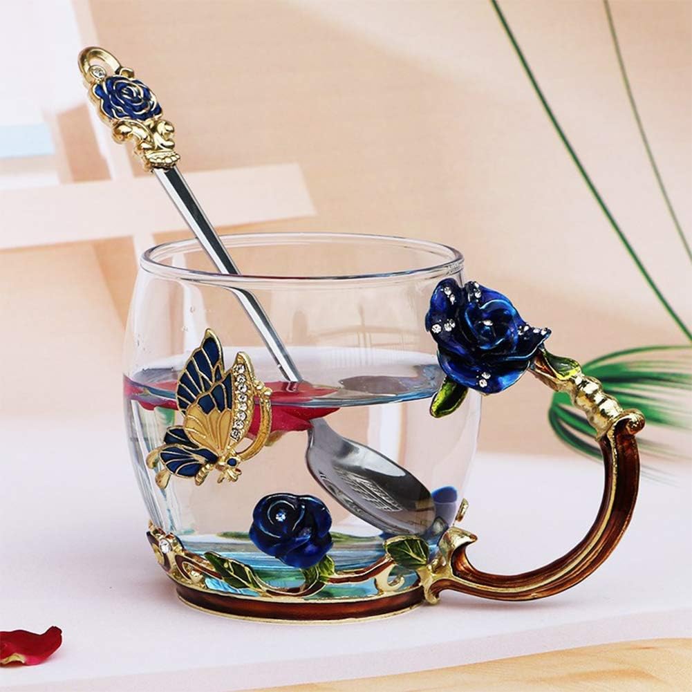 70% оƒƒ Dіѕсоunt Glass Mug Set Handmade Enamel Butterfly and Blue Rose Flower Tea Cups with Handle, Unique Personalized Birthday Present Ideas for Mother's Day Gifts,Christmas, New Year (Blue-Short)