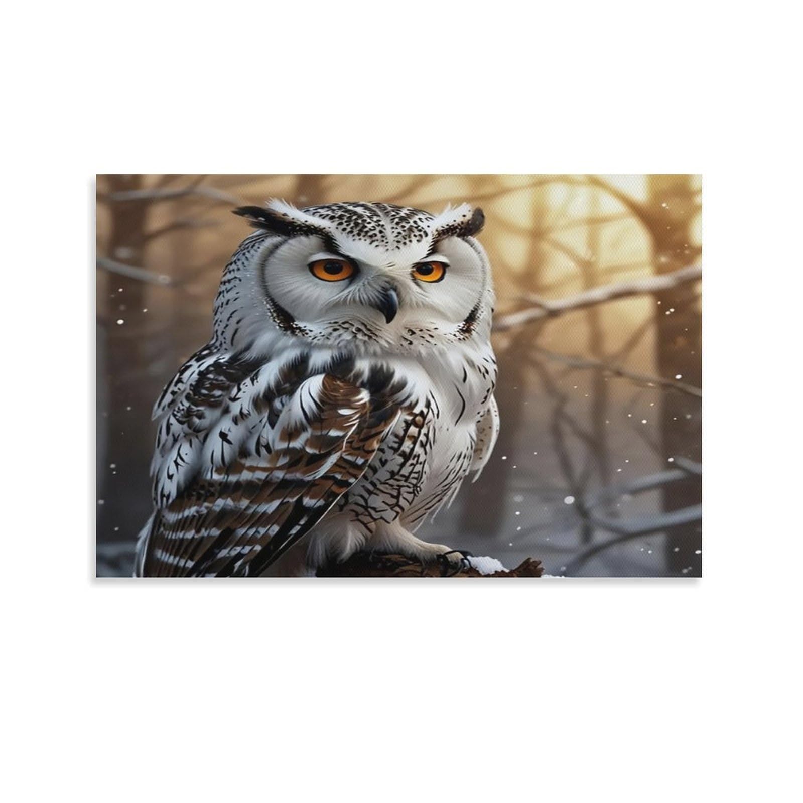 CPLVKWRQJ Snowy Owl Portrait Individual Striped Owl Standing in Winter Woodland Framed Canvas Art - Living Room Focal Point Fade Resistant Gallery Wall Decor 08x12inch(20x30cm)